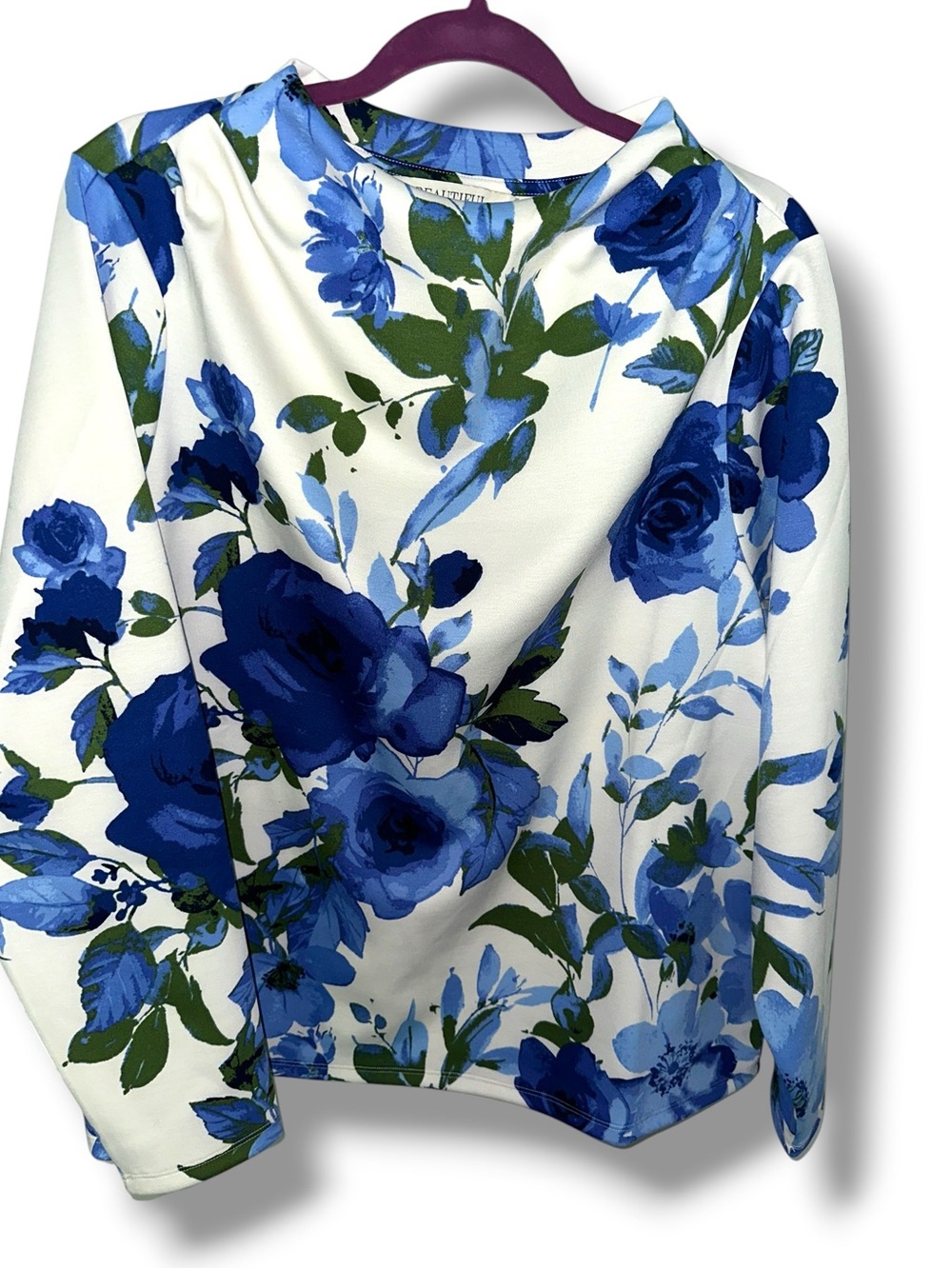 BEAUTIFUL by Lawrence Zarian Printed Scuba Funnel Neck Pullover Sz XL BLUE WHITE